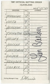 Len Barker Perfect Game Used and Signed Lineup Cards and Score Sheet